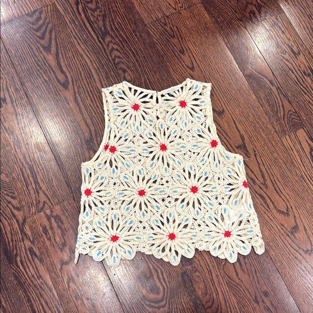 MOTHER Crochet Floral Lace Tank Top in Cream with Red Centers